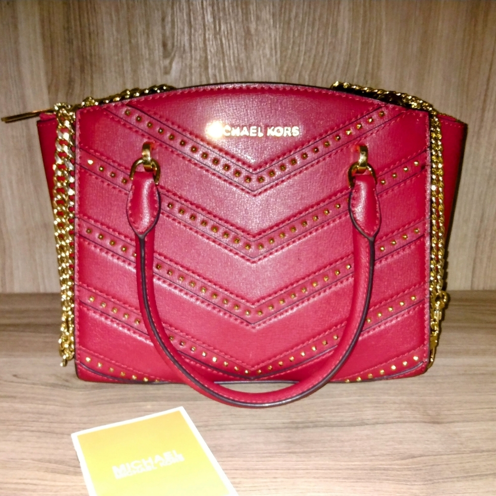 Michael Kors Scarlet Red Ellis Studded Satchel